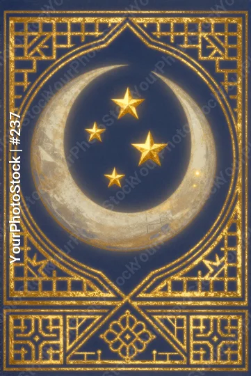 Islamic Art: Crescent Moon with Golden Stars geometric patterns