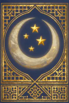 Islamic Art: Crescent Moon with Golden Stars geometric patterns