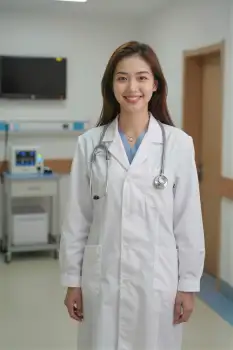 Young Doctor Smiling in Hospital Corridor lab coat woman