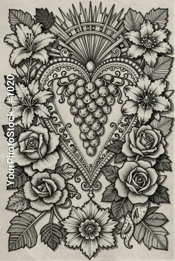 Heart Design with Grapes and Flowers roses daisies