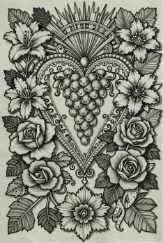 Heart Design with Grapes and Flowers roses daisies