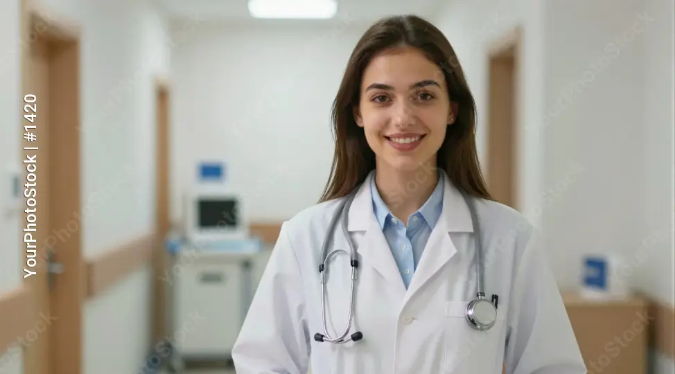 Young Female Doctor Smiling in Hospital Corridor woman
