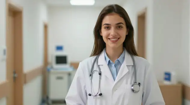 Young Female Doctor Smiling in Hospital Corridor woman