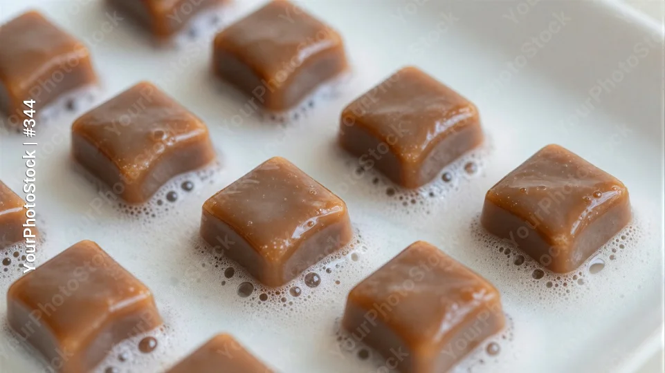 Twelve Square Caramel Pieces on White Plate squares