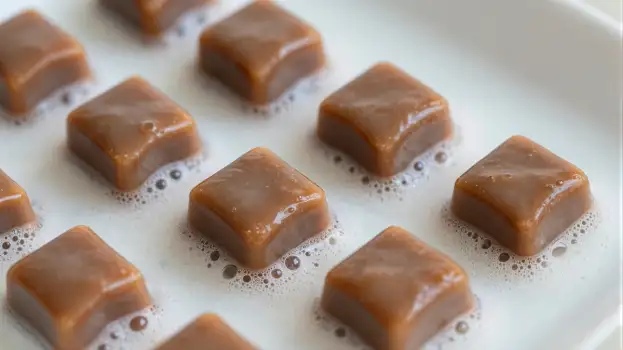 Twelve Square Caramel Pieces on White Plate squares