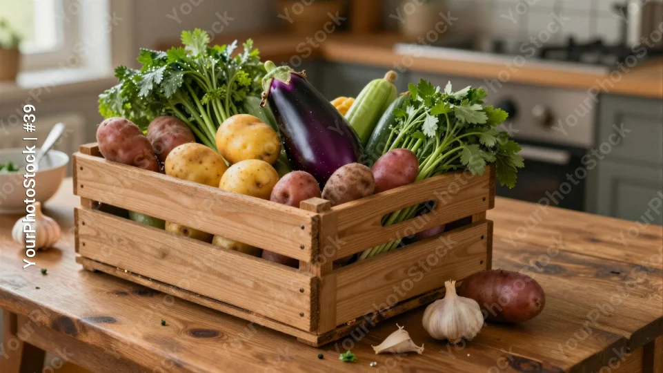 Fresh Vegetables in Wooden Crate on Kitchen Countertop