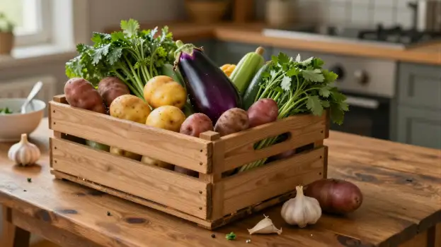 Fresh Vegetables in Wooden Crate on Kitchen Countertop