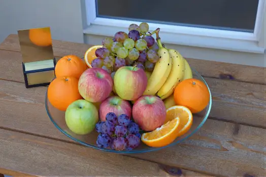 Fresh Fruits Bowl Arrangement on Wooden Table