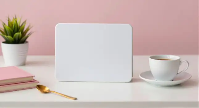 Minimalist White Box with Plant and Notebooks mockup