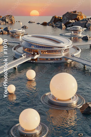 Futuristic Floating City at Sunset ocean circular structures