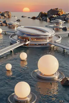 Futuristic Floating City at Sunset ocean circular structures