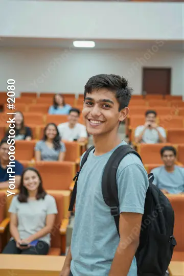 Young Man Smiling in Lecture Hall orange chairs student university