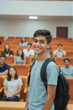 Young Man Smiling in Lecture Hall orange chairs student university