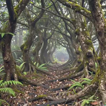 Dense Forest with Mossy Trees and Foggy Path lichen
