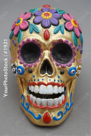 Day of the Dead Skull Mask with Golden Paint and Flowers Mexico