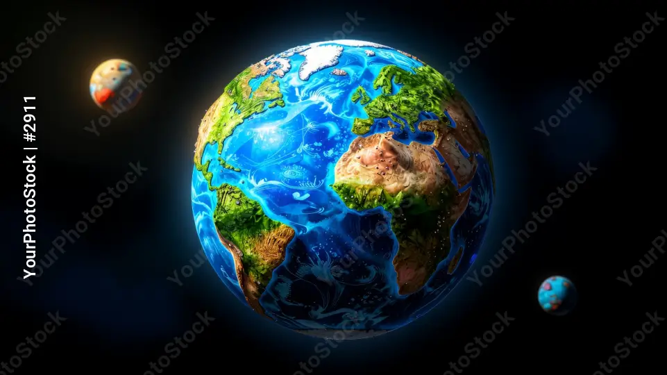 Earth from Space with Moon and Stars 3d cartoon stylized