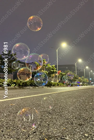 Night Street with Colorful Soap Bubbles rainbow