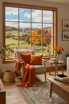 Living Room with Wood Window Offering Countryside View