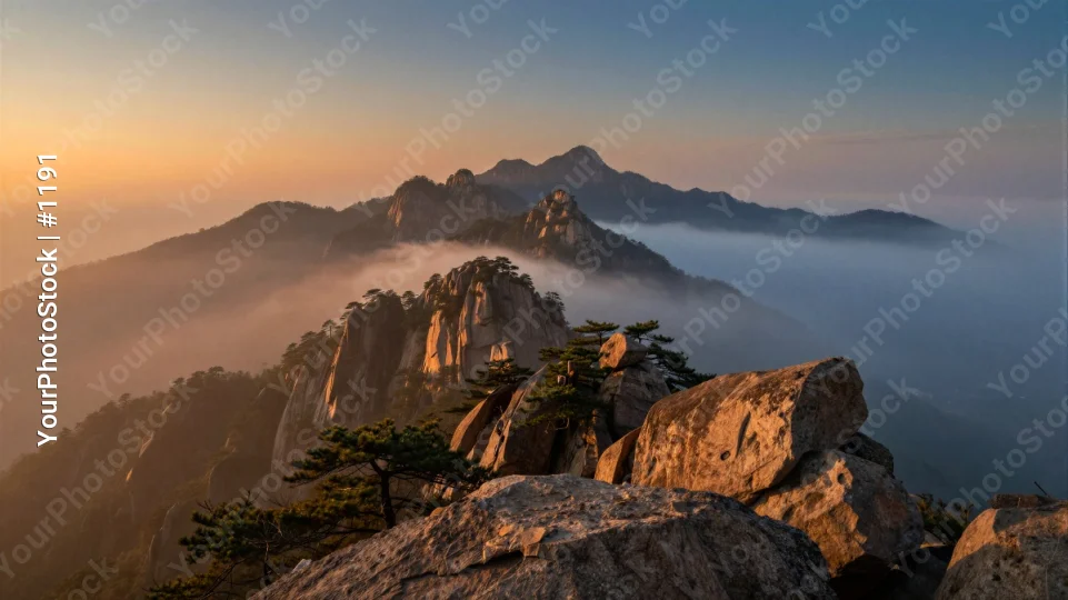Mountain Range at Sunrise/Sunset with Fog landscape