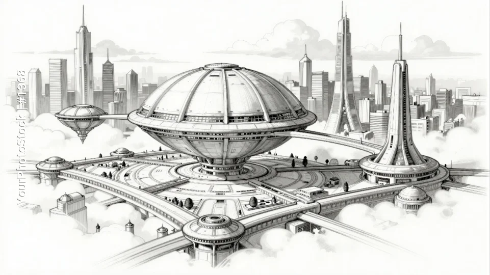 Futuristic Cityscape with Spaceship skyscrapers