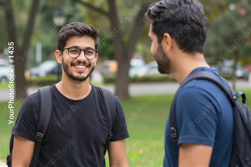 Two young men conversing in a park conversation university students