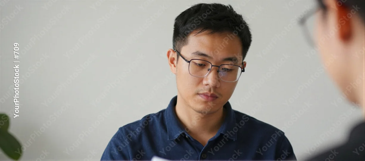 Young Asian Man Engaged in Conversation in Office