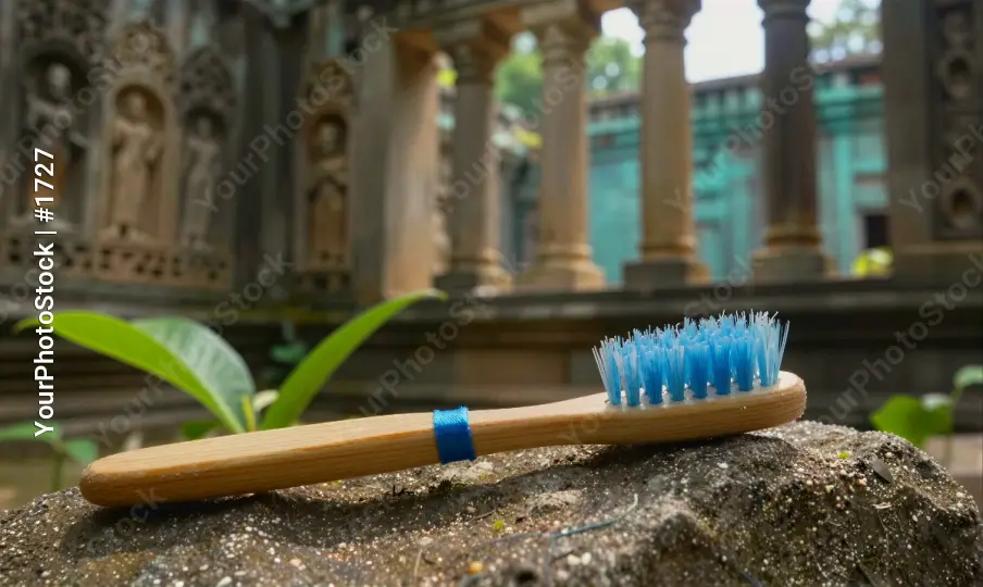 Wooden Toothbrush on Rock Outdoors blue bristles