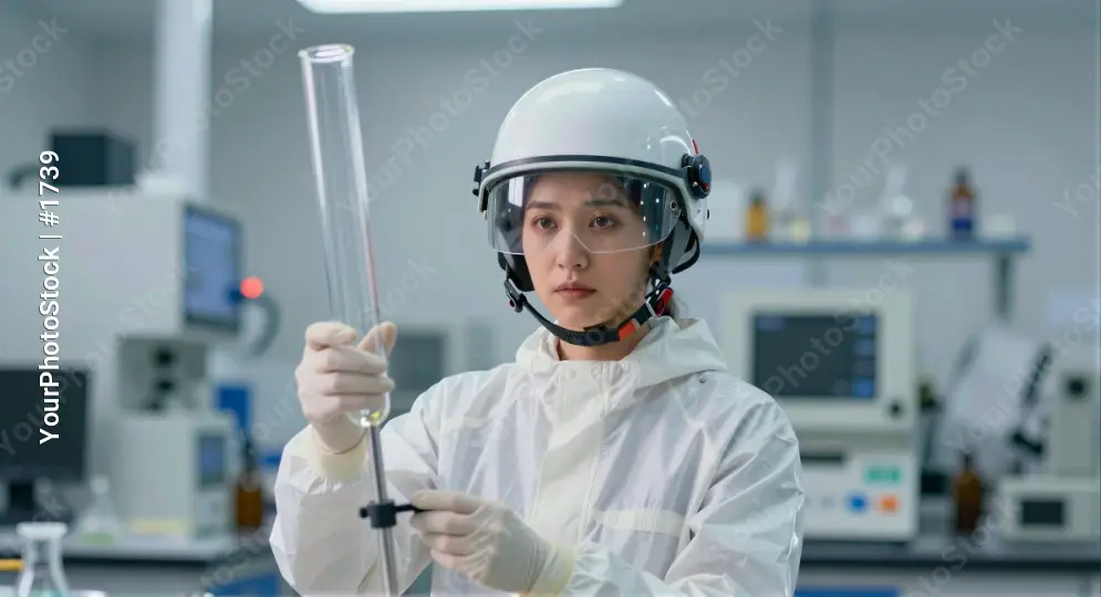 Young Woman in Lab Testing Liquid protective suit