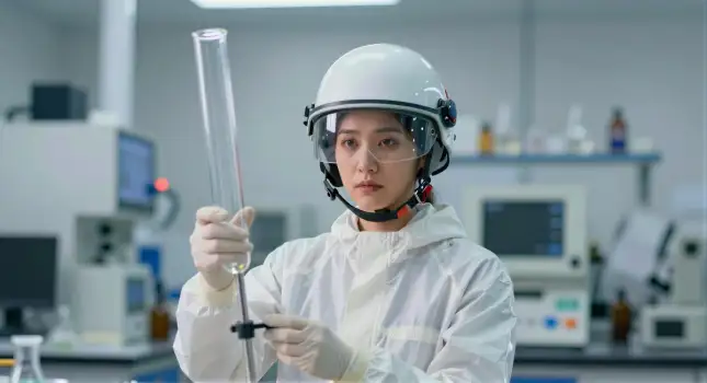 Young Woman in Lab Testing Liquid protective suit