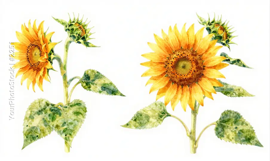 Two Sunflowers Watercolor Illustration realistic