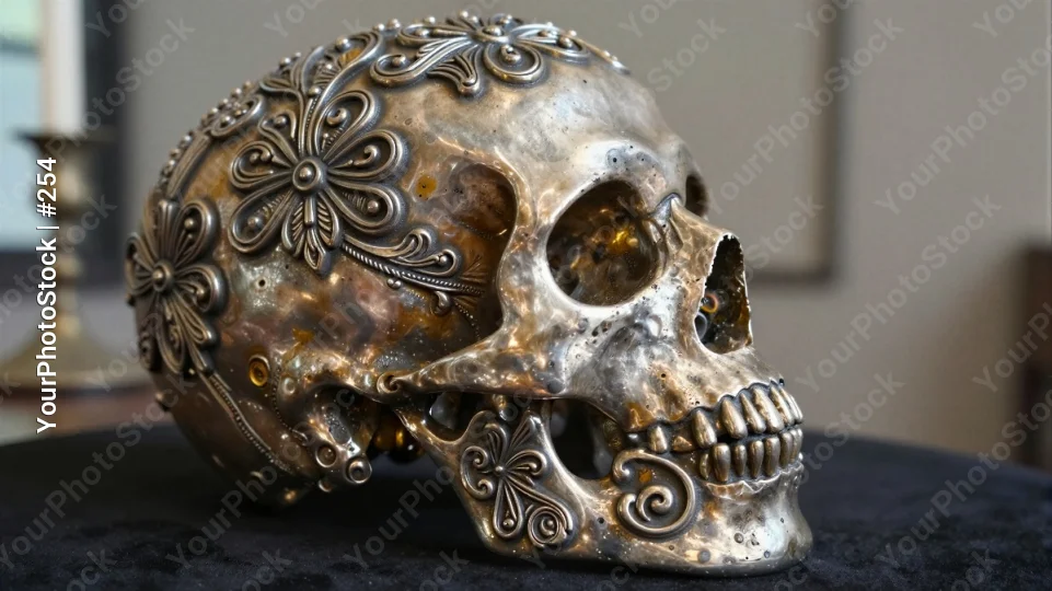Metal Skull with Floral Pattern, Glowing Eyes, Mysterious Room