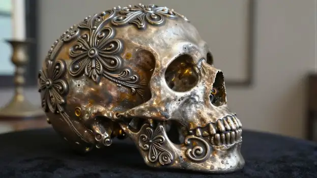 Metal Skull with Floral Pattern, Glowing Eyes, Mysterious Room