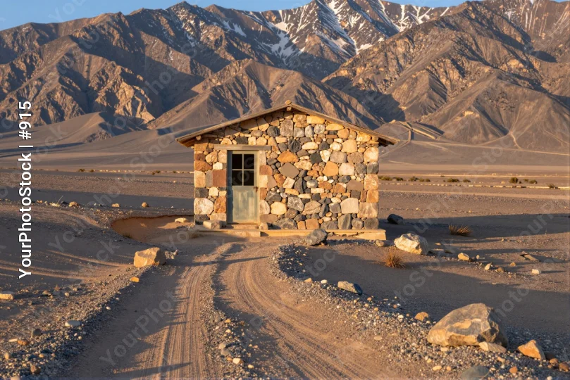 Desert Cabin in Snow-Capped Mountains stone building