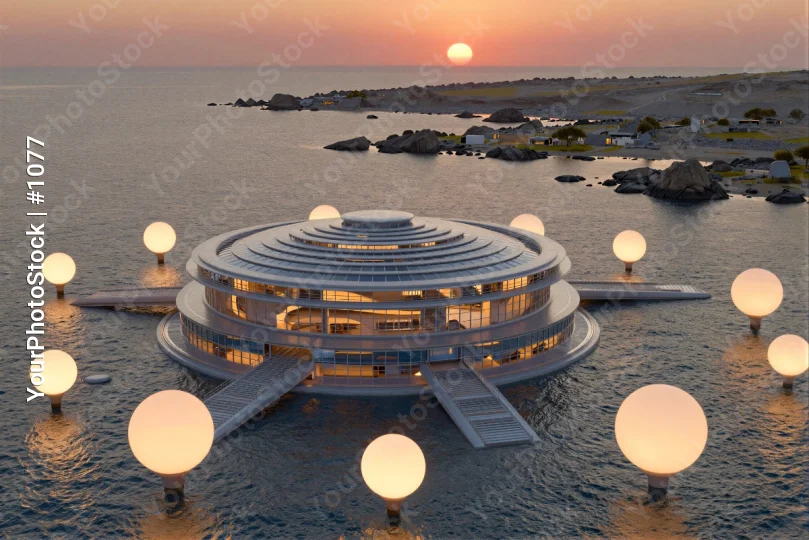 Futuristic Circular Building Over Ocean at Sunset