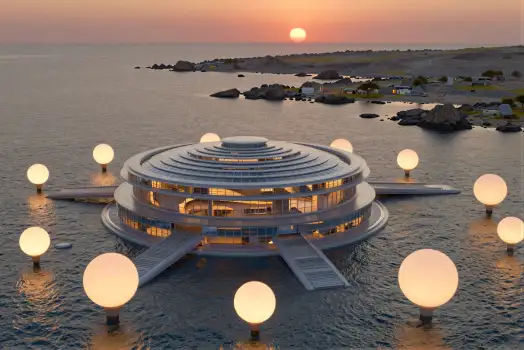 Futuristic Circular Building Over Ocean at Sunset
