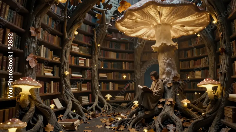Fantasy Library Interior with Tree and Bookshelves