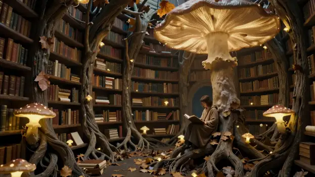 Fantasy Library Interior with Tree and Bookshelves
