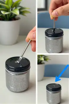 Person Using Spoon to Scoop Liquid from Metal Jar