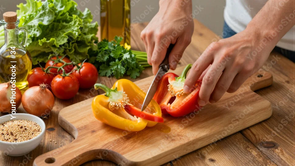 Person Cutting Bell Pepper on Wooden Board ingredients
