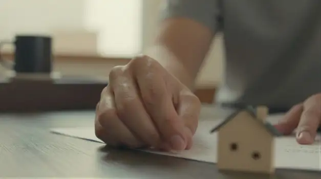 Hand Resting on Paper with Wooden House Model