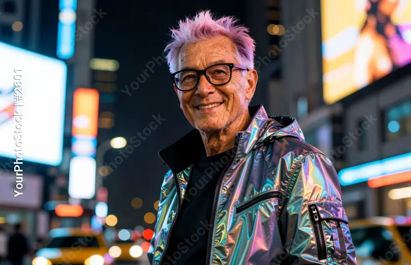 Old Man with gray hair standing on street at night cyberpunk