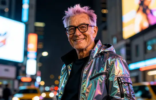 Old Man with gray hair standing on street at night cyberpunk