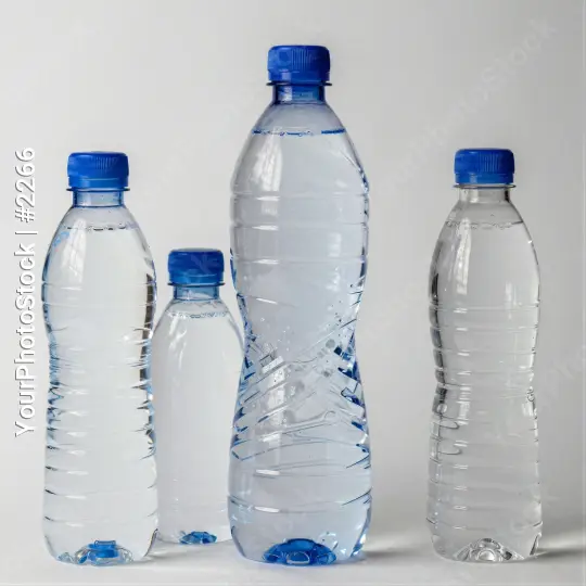 Four Plastic Water Bottles Arranged on White Background