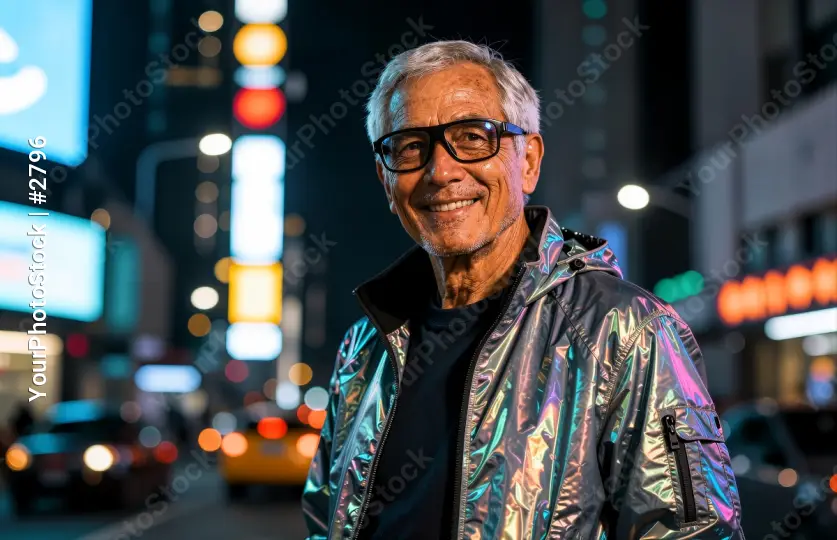 Smiling Man in Shiny Jacket on City Street at Night