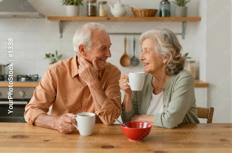 Elderly Couple Enjoying Coffee at Kitchen Table man and woman old