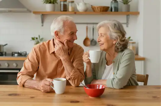 Elderly Couple Enjoying Coffee at Kitchen Table man and woman old
