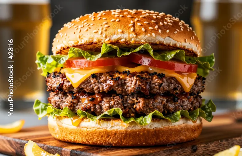 Close-up of a delicious burger with lettuce and tomato on a wooden table fast food