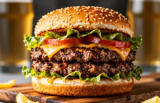 Close-up of a delicious burger with lettuce and tomato on a wooden table fast food