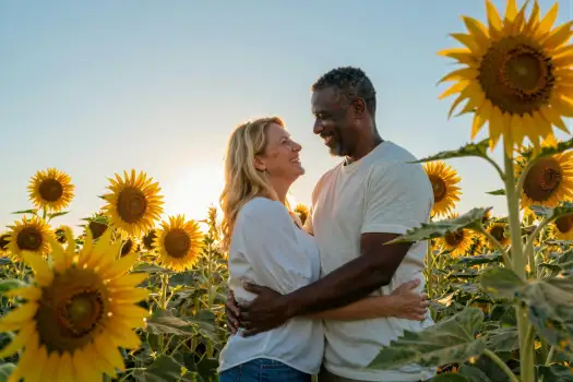 couple in field of sunflowers romantic sunset
