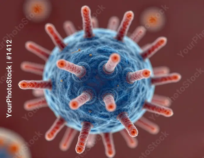 3D rendering of blue sphere with orange spikes